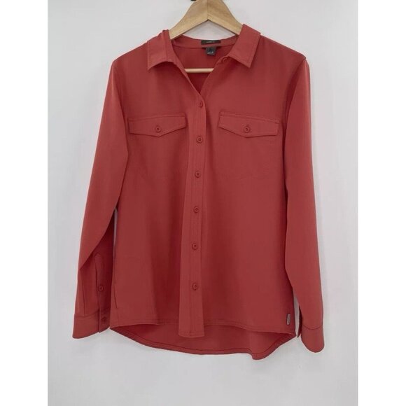 Eddie Bauer Women's Orange Coral Button Front Roll Tab Blouse Size Medium Preppy - Picture 1 of 12